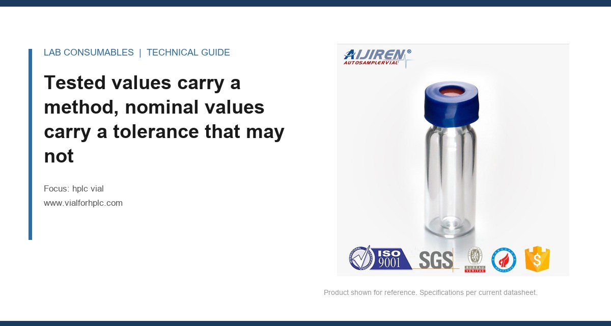 Tested values carry a method, nominal values carry a tolerance that may not
